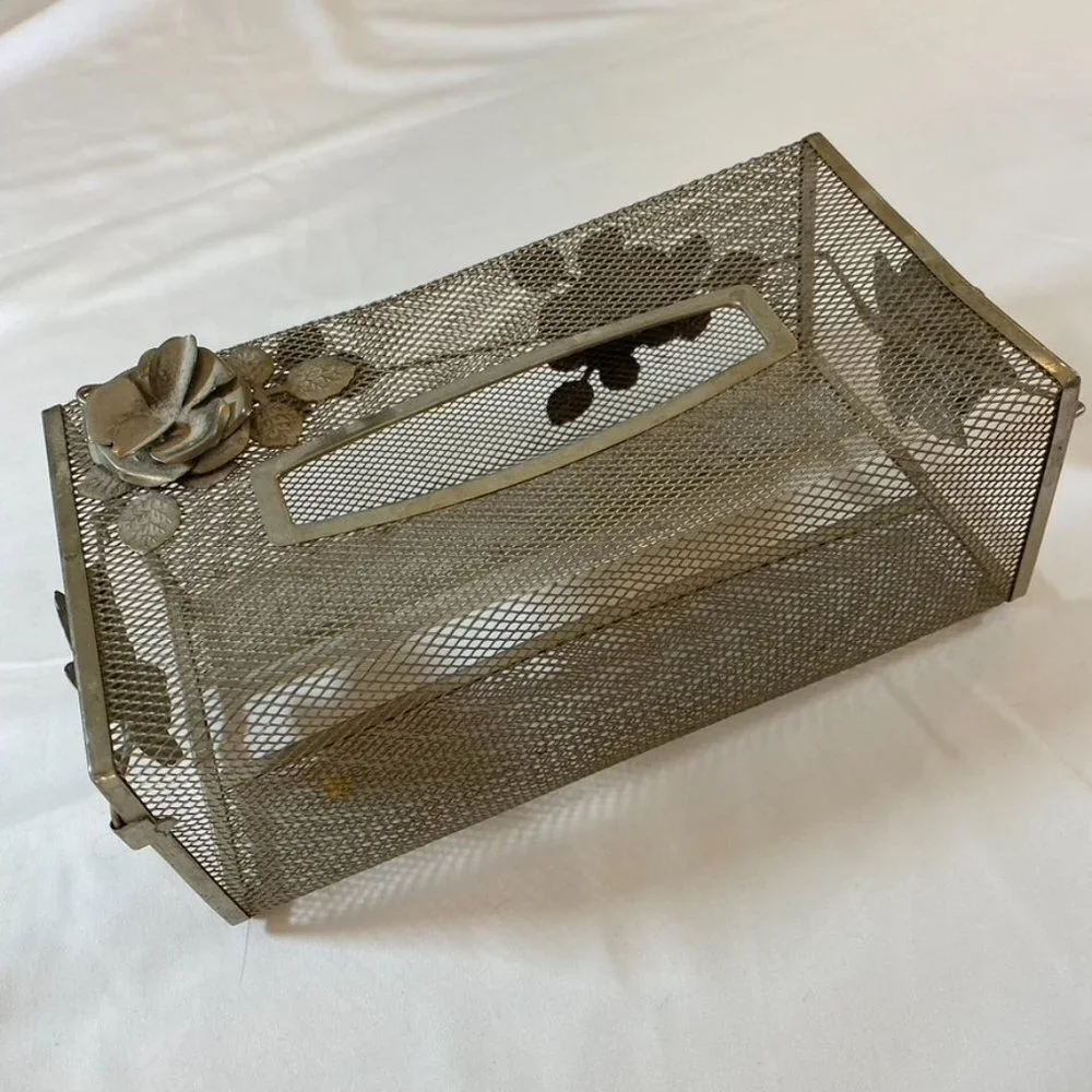 Vintage 50s 60s metal mesh tissue box with roses Mid Century Modern